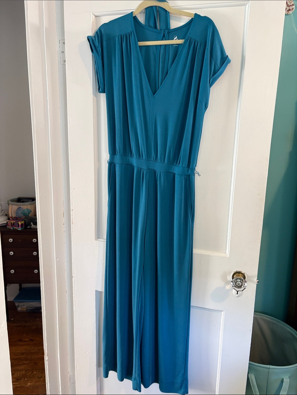 Teal Short-Sleeve V-Neck Jumpsuit
